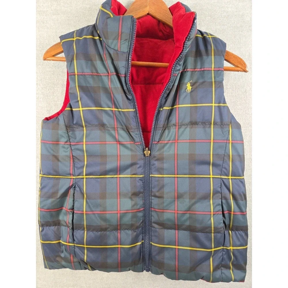 Polo Ralph Lauren Boys M 8-10 REVERSIBLE Red Plaid Quilted Puffer Vest Full Zip‎